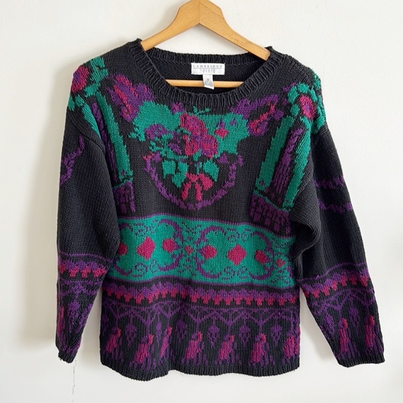 cambridge spirit Sweaters - Vintage 90s black printed grandma core long sleeve chunky ramie cotton sweater M